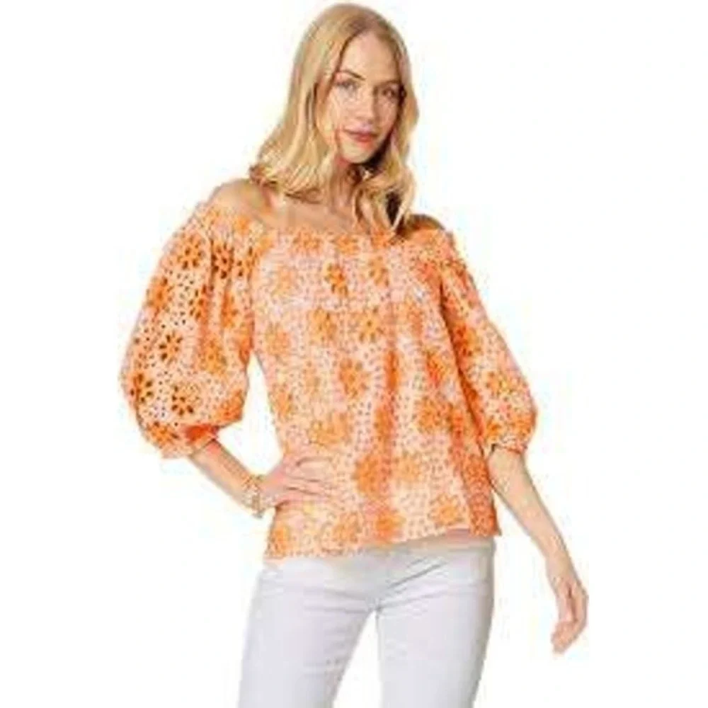 Lilly‎ Pulitzer Kerrigan Top Womens XS Orange Funflower Eyelet New Off Shoulder